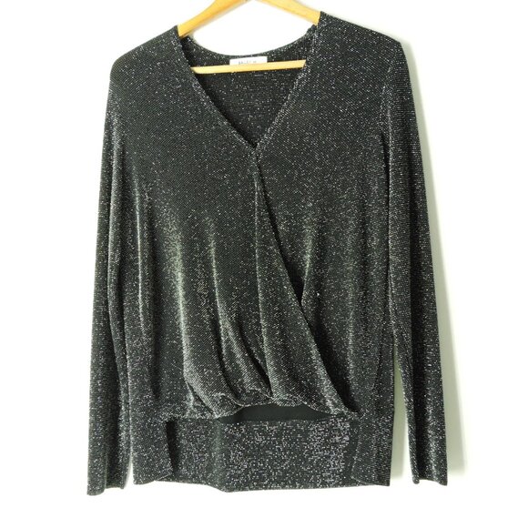 Bailey 44 black silver metallic shimmery dressy long sleeve stretch top sz S - Picture 2 of 9
